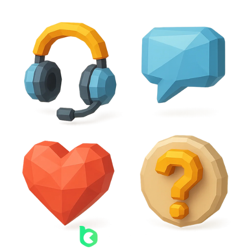 Set of four icons representing support and communication: a headset for customer service, a speech bubble for communication, a heart symbolizing care, and a question mark for assistance, all representing the responsible gaming support options at BC.Game Casino.