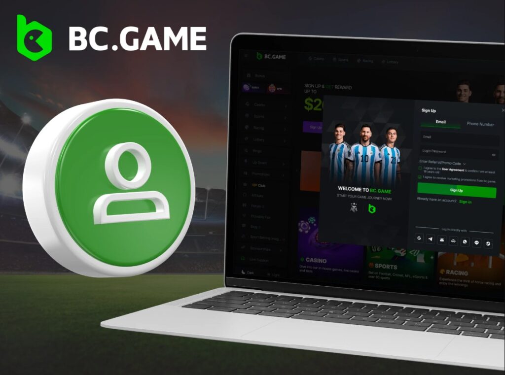 BC.Game logo and a laptop screen showing the sign-up page with a welcome message, symbolizing the user registration process on BC.Game Casino